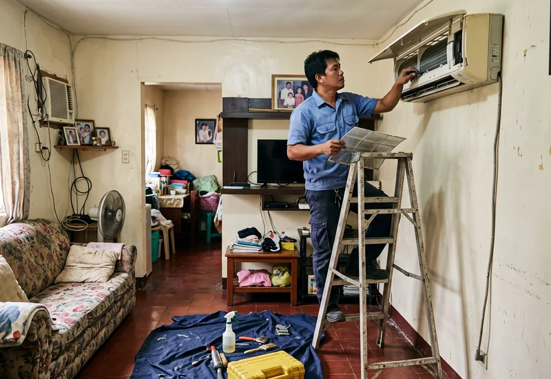 An aircon technician on a ladder servicing a split-type unit in a Philippine home