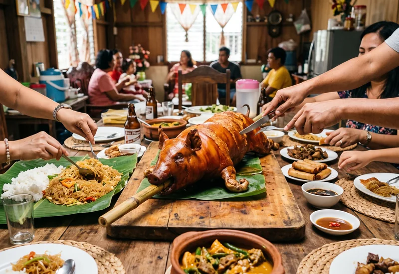 A whole lechon on a wooden board at the centre of a laden Filipino fiesta table