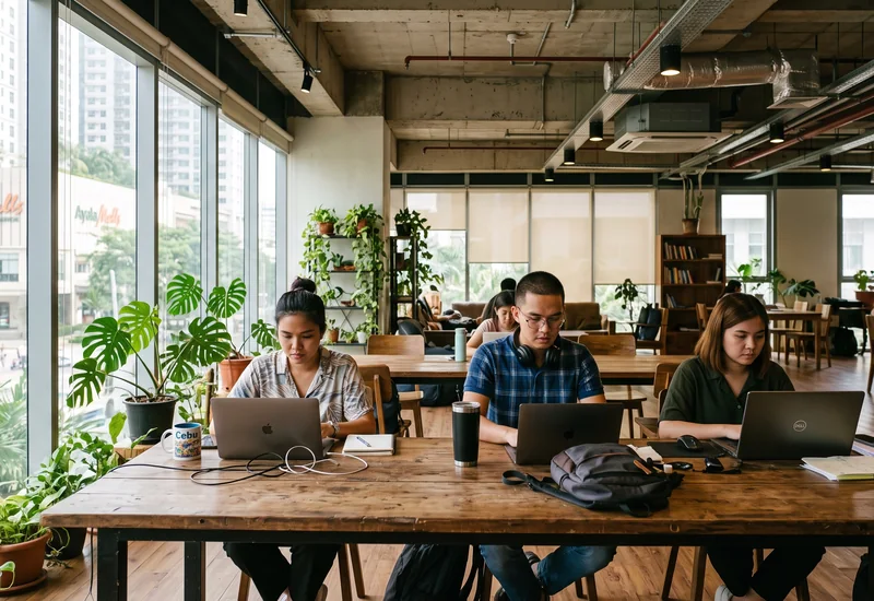 A bright coworking space in Cebu IT Park with Filipino professionals at long wooden desks