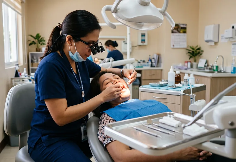A Filipina dentist examining a patient in a modern Philippine dental clinic