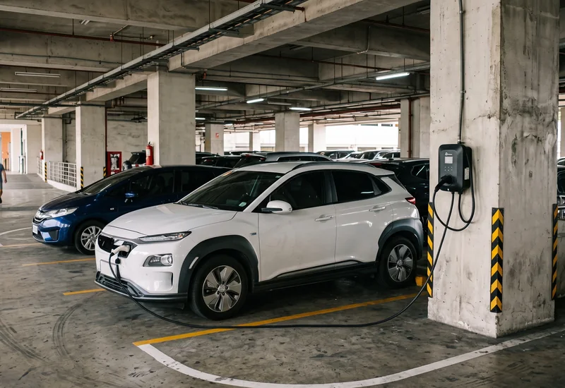 An electric car plugged into a charging station in a Philippine mall car park