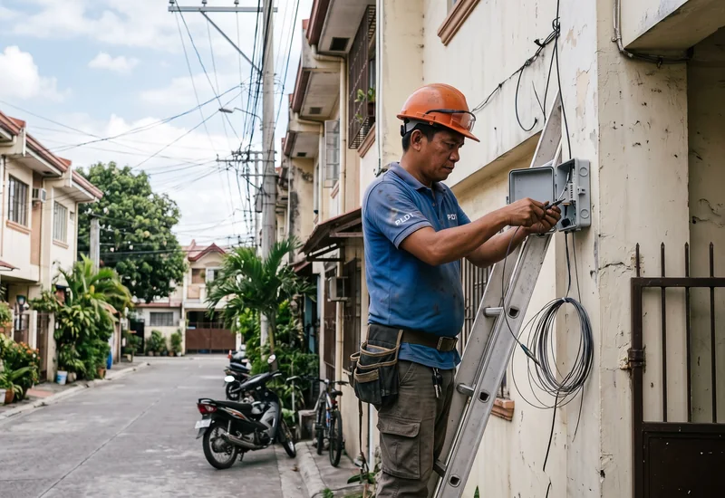 A fiber technician terminating a drop cable on the outside wall of a Philippine townhouse