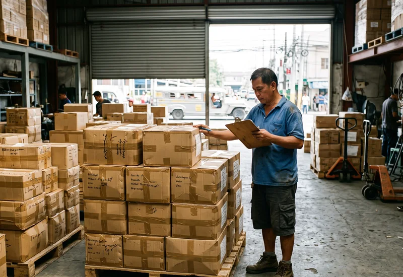 Stacked balikbayan boxes in a Philippine cargo forwarder's warehouse