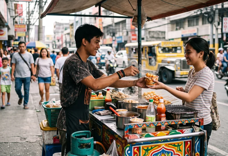 A brightly painted Filipino food cart franchise being operated on a busy sidewalk