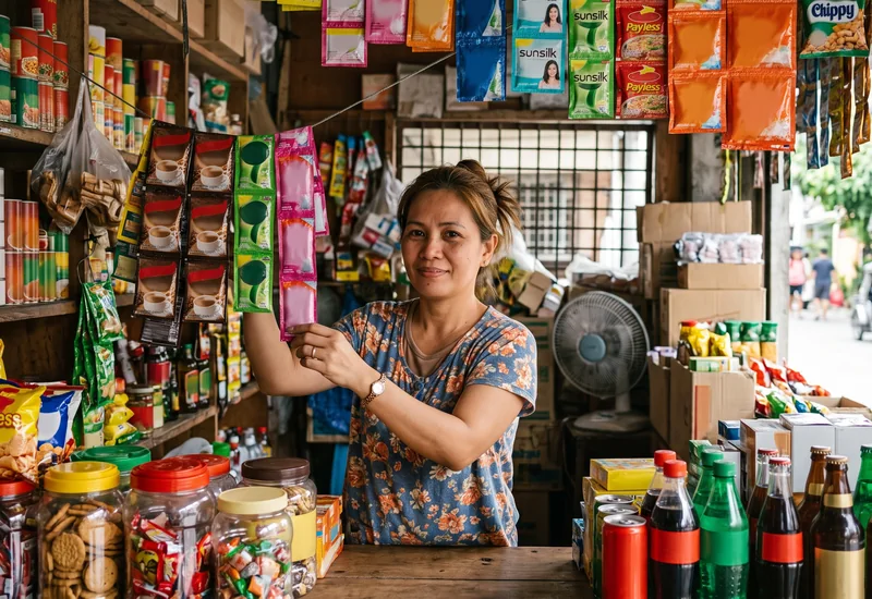A Filipina sari-sari store owner standing behind her counter of hanging sachets