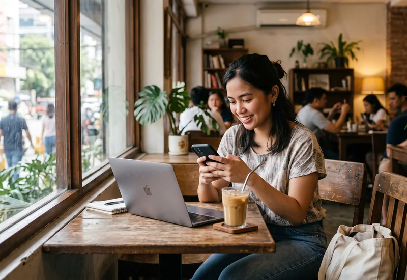 A young Filipina scrolling her phone in a bright Manila coffee shop