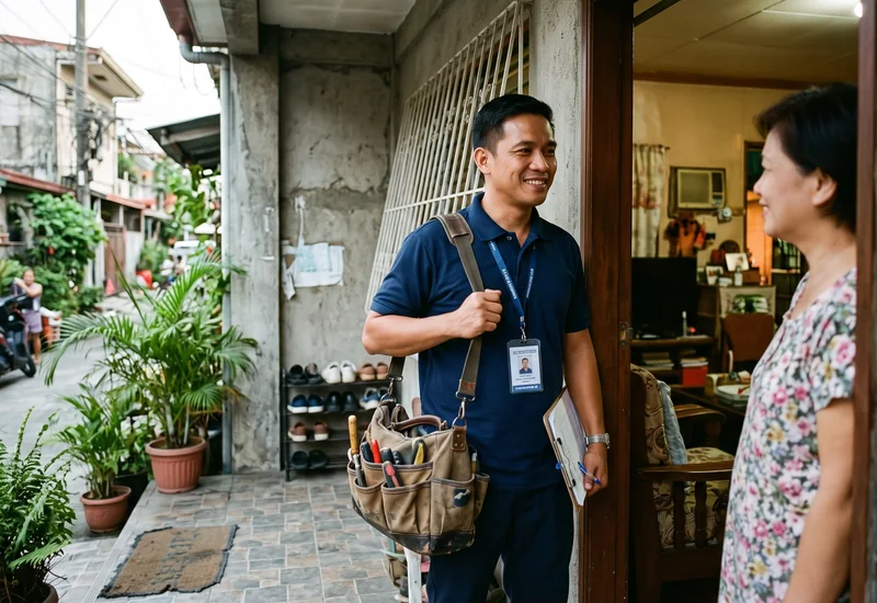 A Filipino tradesman with an ID lanyard and tool bag at a homeowner's door