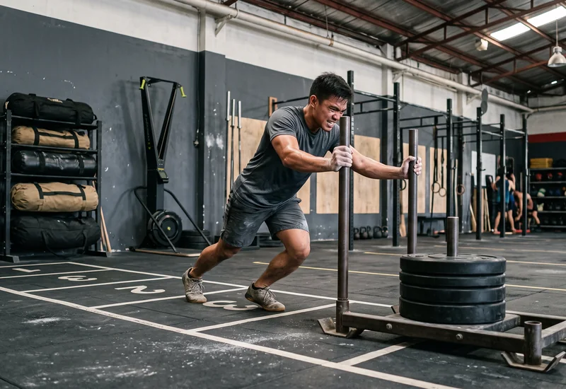 A Filipino athlete pushing a weighted sled across the floor of a Metro Manila hybrid-fitness gym