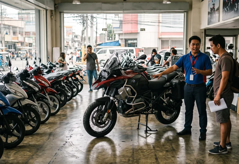 New motorcycles on the showroom floor of a Philippine dealership