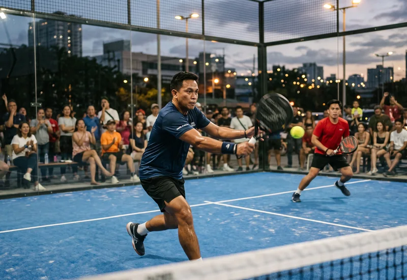 Two players mid-rally on a glass-walled padel court in Metro Manila at dusk