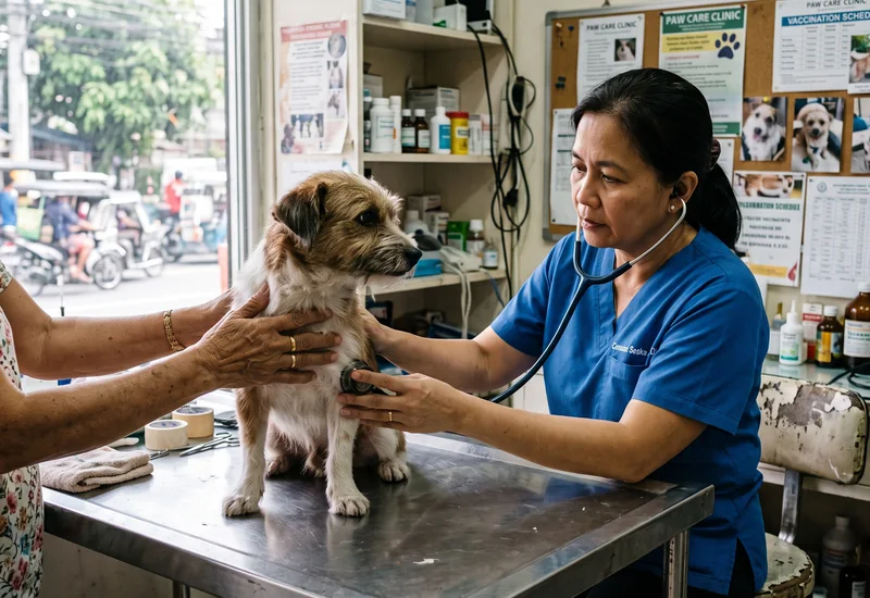 A Filipino veterinarian listening to a small dog's chest with a stethoscope