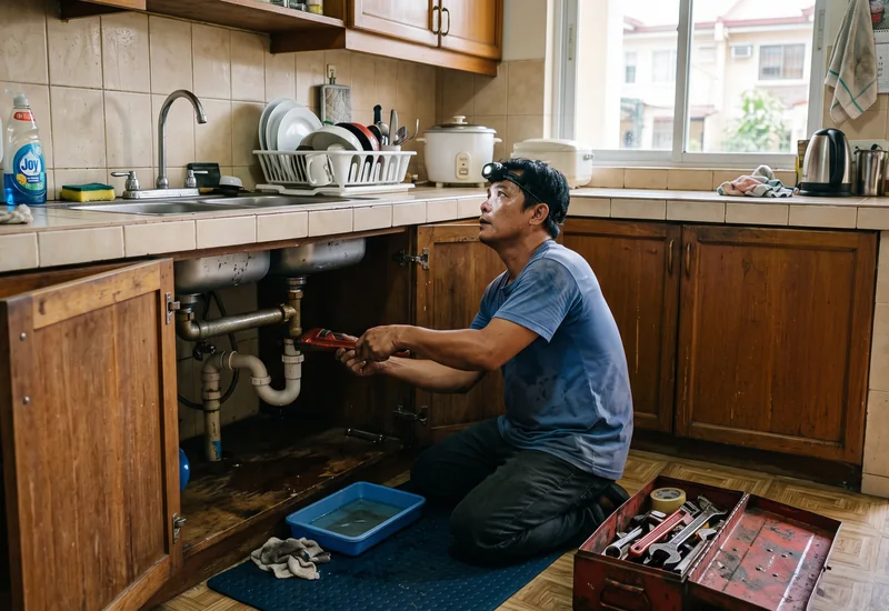 A plumber working under a kitchen sink with a pipe wrench in a Philippine townhouse