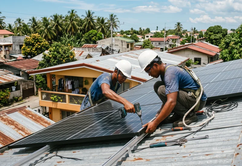 Two Filipino technicians in harnesses installing solar panels on a Philippine house roof