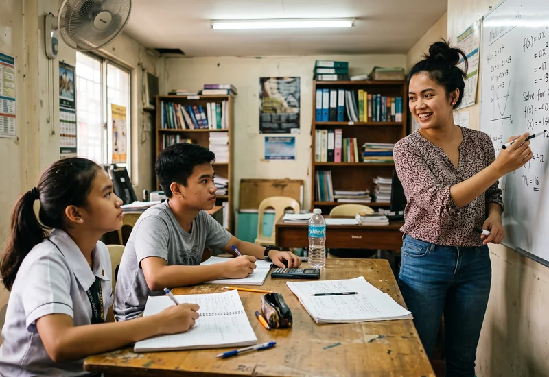 A Filipina tutor explaining a problem on a whiteboard to two teenage students