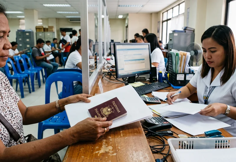 Hands holding a Philippine passport and document folder across a service counter