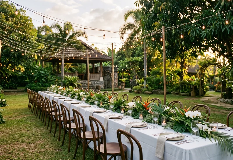 A Filipino garden wedding reception table set with tropical greenery at golden hour